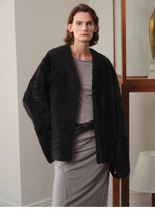 Paris Night" luxury lightweight v-neck mid-length imported ragone sheepskin fur coat