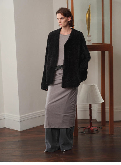 Paris Night" luxury lightweight v-neck mid-length imported ragone sheepskin fur coat