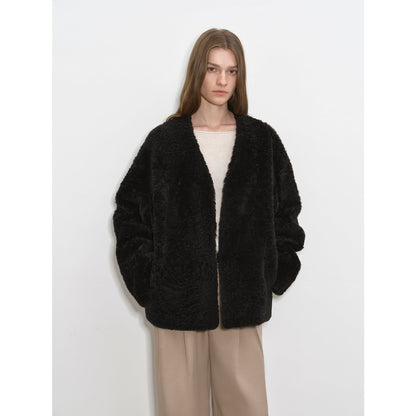 Paris Night" luxury lightweight v-neck mid-length imported ragone sheepskin fur coat