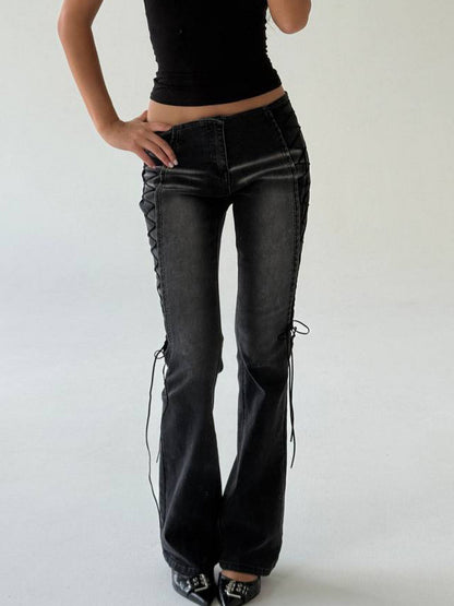 Washed Distressed Side Lace-Up Flare Jeans